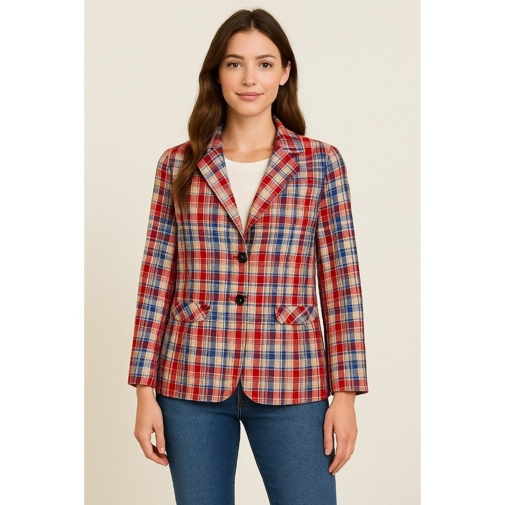 Vintage Sears JR Bazaar Womens Plaid Blazer Jacket Union Made Red/Blue/Yellow Ch